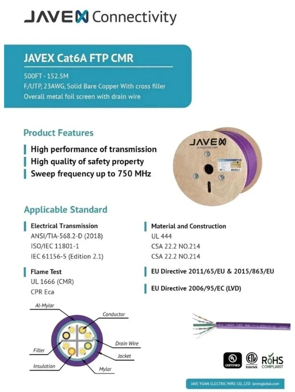 CAT 6A Riser CMR Ethernet Cable 500FT Shielded FTP [UL Listed] Purple23AWG...